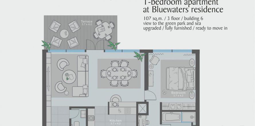 Byt v Bluewaters, Dubai, SAE 1 ložnice, 107 m² Č.: 571030